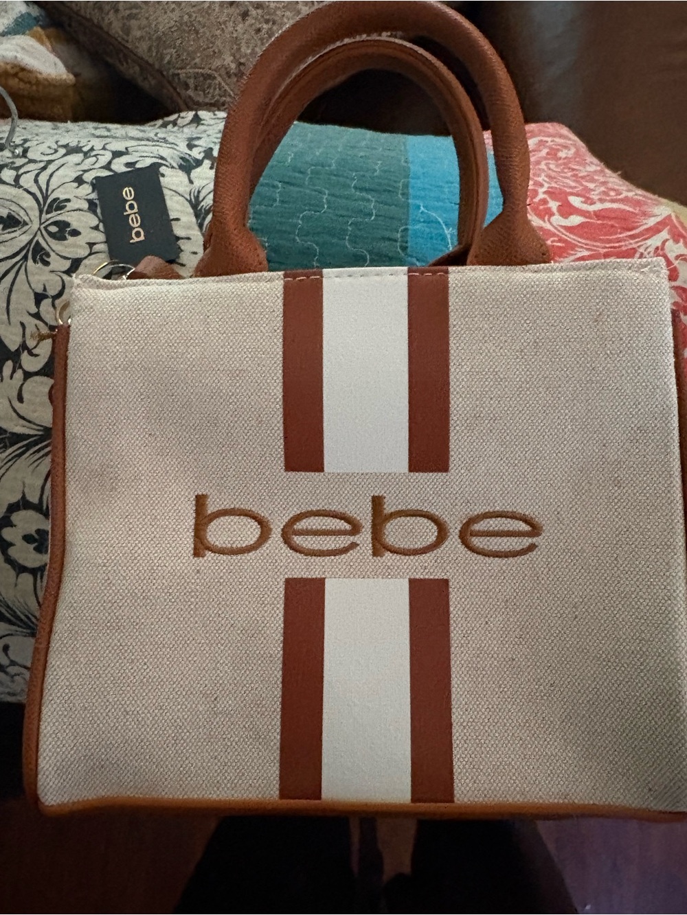 bebe Beige Canvas Tote with Brown Trim and White Stripe